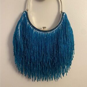 Blue Beaded Fringe Handbag